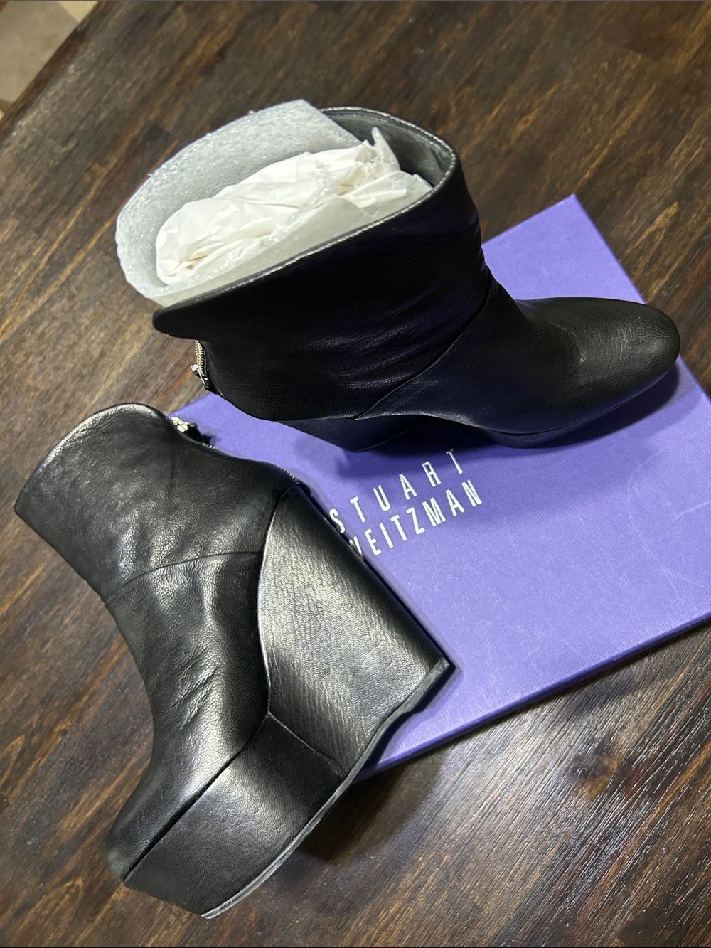 Stuart Weitzman Black Leather Wedge Ankle Boots with Back Zip